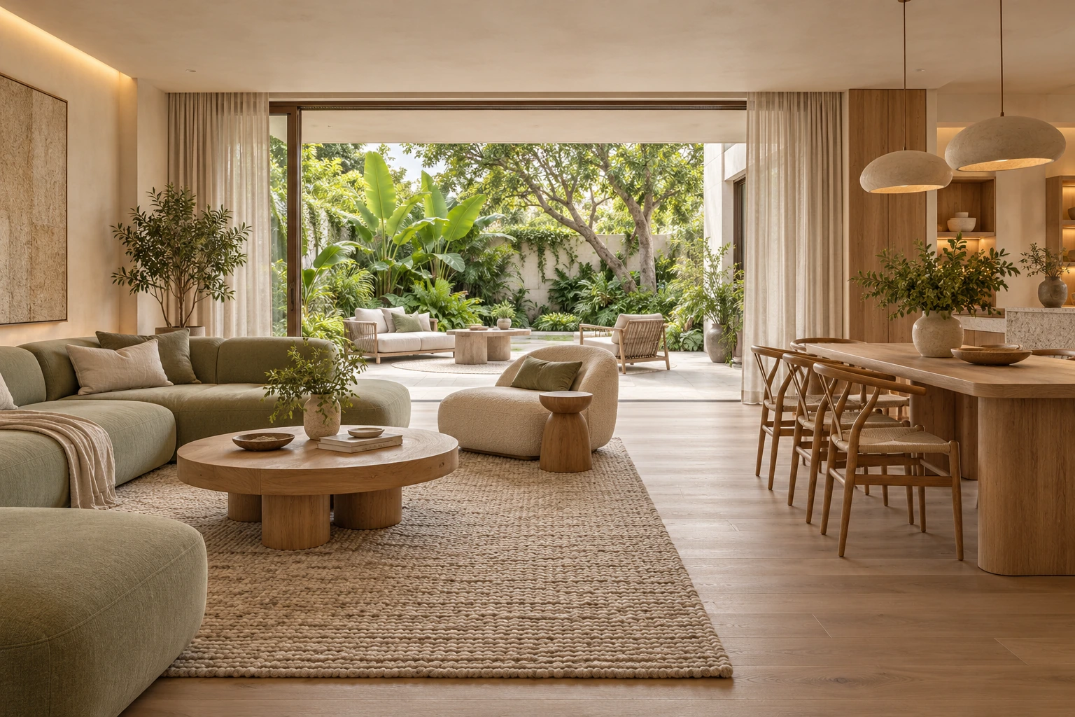 Design concept of a living and dining room with sage seating, natural textures and garden views
