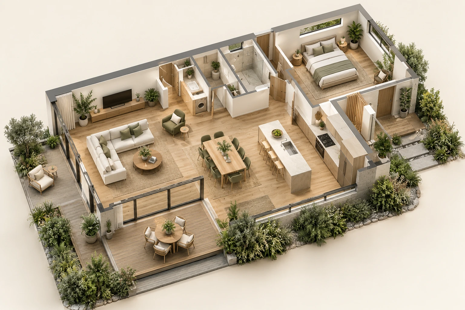Isometric home design concept with living, dining, kitchen, bedroom and outdoor spaces