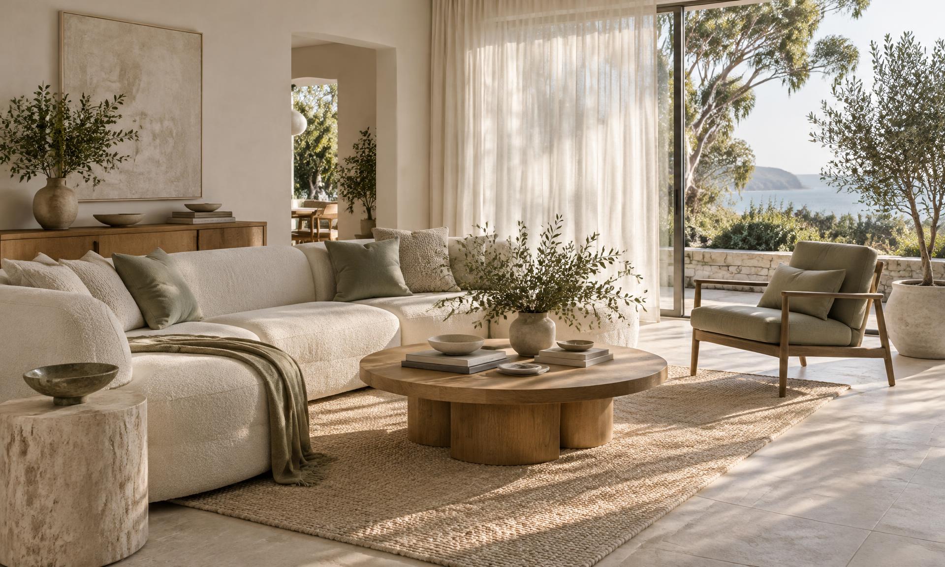 Sunlit living room with natural materials, sheer linen curtains and soft sage accents