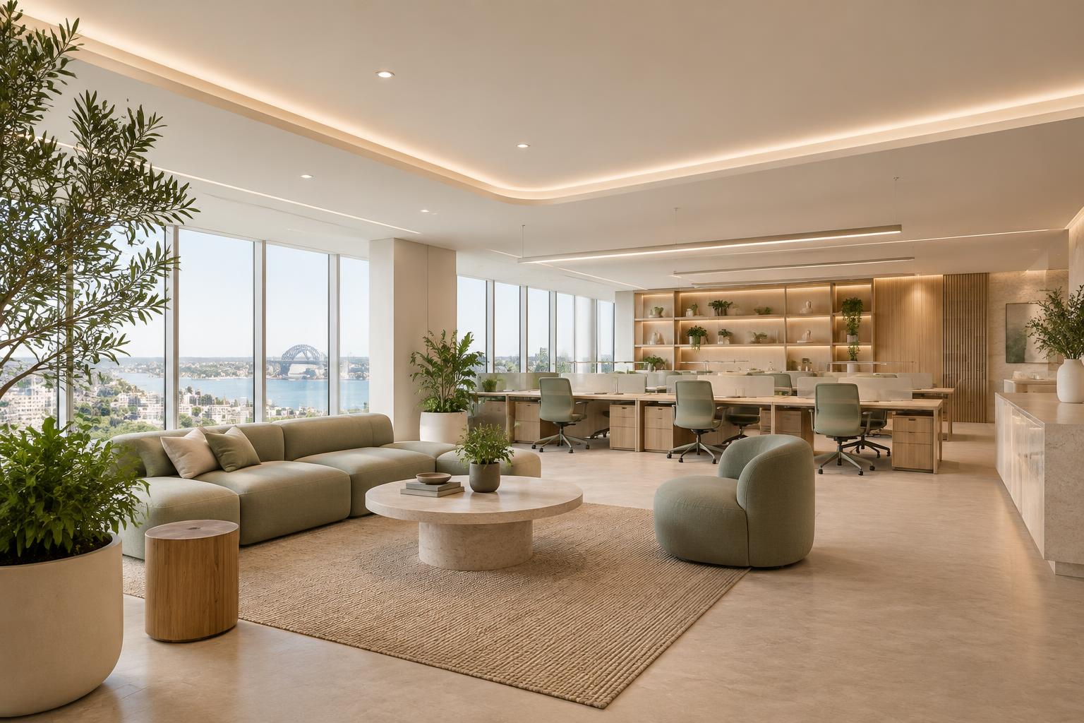 Modern workplace with concealed warm linear lighting, indirect coves and softly lit task areas