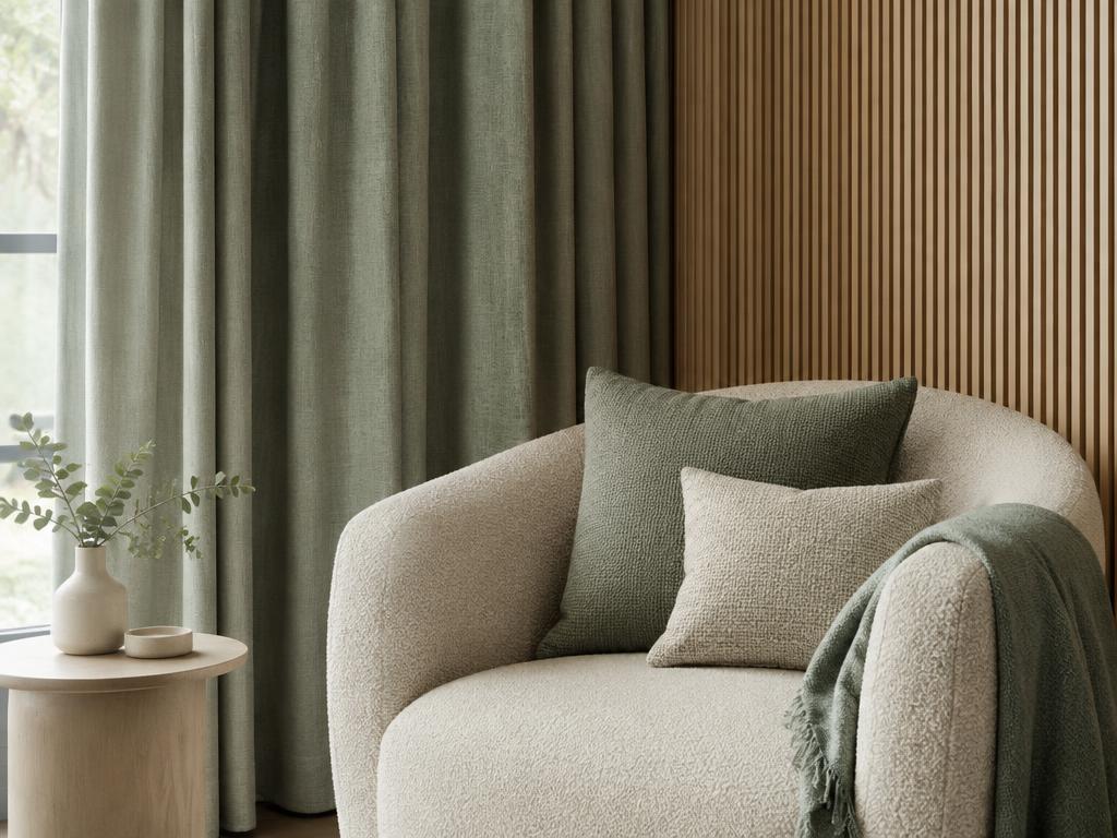 Reading area with absorbent textiles, curtains and timber acoustic panels