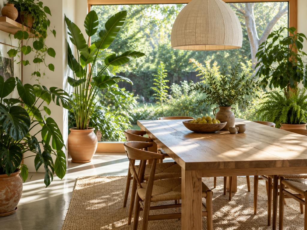 Daylit timber dining space with planting and garden views