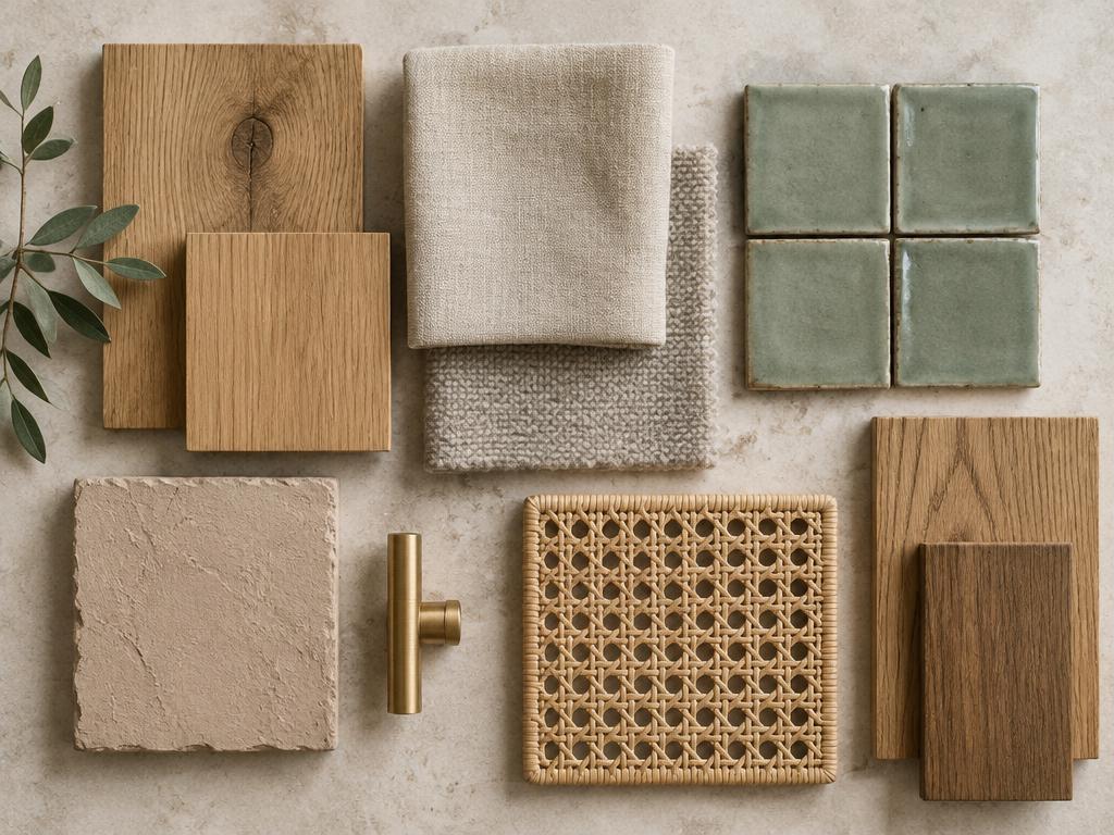 Oak, linen, wool, sage tiles and natural material samples