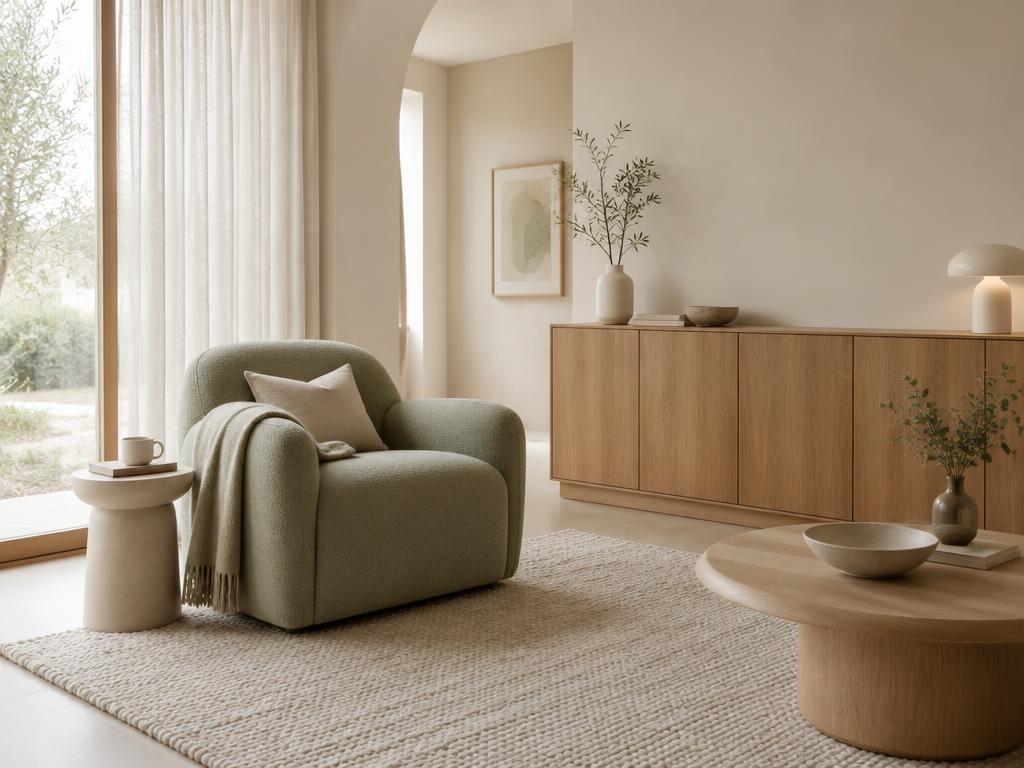 Uncluttered lounge with diffused daylight and muted sage seating